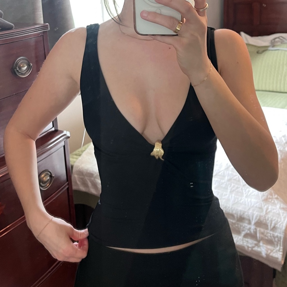 Meshki Spencer Slinky Black V-Neck Tank with Gold Hardware